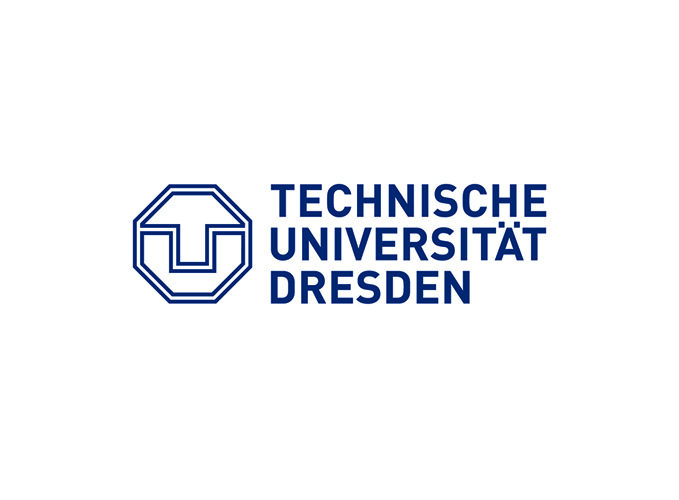 Logo. Schriftzug „Technische Universität Dresden“. Links davon befindet sich ein Achteck, das in zwei Bereiche aufgeteilt ist, die zusammen die Buchstaben „T“ und „U“ ergeben.